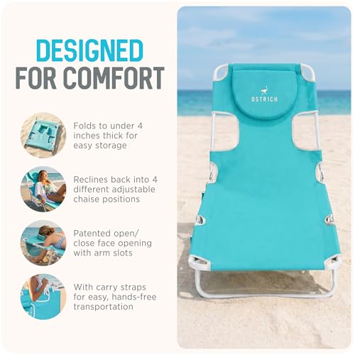 Image of Ostrich the Original Chaise 72 x 22 Inch Lounge Portable Reclining Lounger, Outdoor Patio, Beach, Lawn, Camping, or Pool Tanning Chair, Aqua