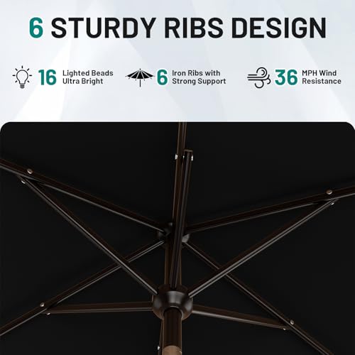 Image of AreShark 6.5' x 10' Rectangular Patio Umbrella with Solar Lights, Solar Powered Lighted Market Umbrella w /Tilt and Crank, Outdoor Table Umbrella for Garden, Deck, Backyard, Pool and Beach, Black