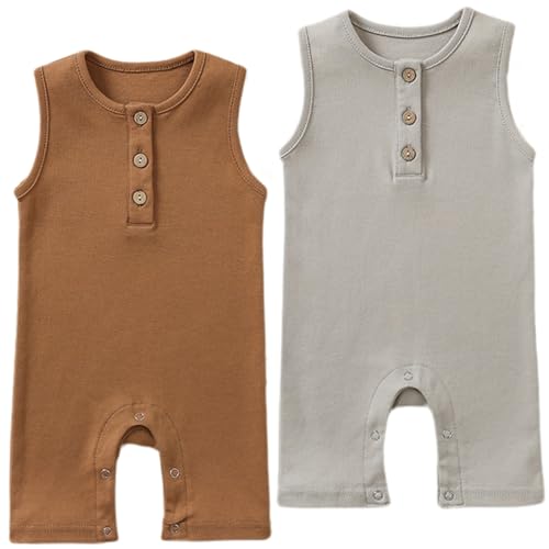 Image of BeiVSlley Baby Boys Girls 2 Pack Sleeveless Tank Romper Solid Cotton Summer Coverall Jumpsuit Clothes Outfits