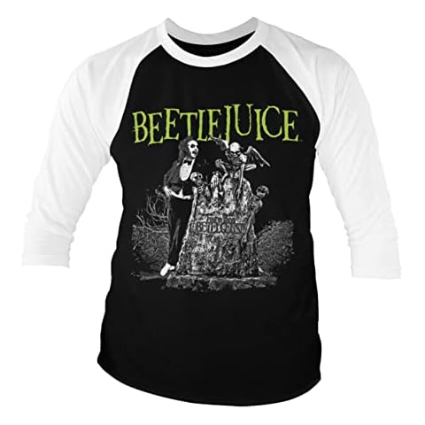 Beetlejuice Officially Licensed Headstone Baseball 3/4 Sleeve T-Shirt (Black-White), Large Cover