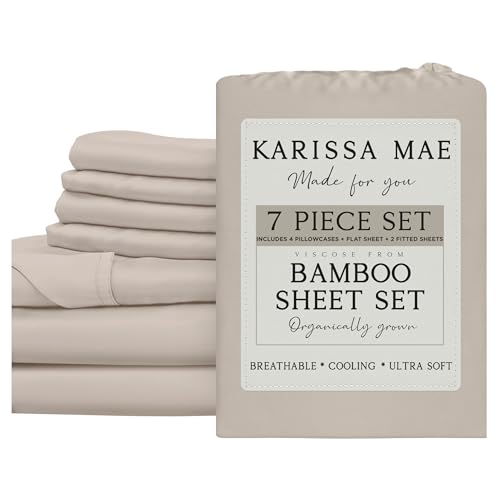 Image of KARISSA MAE 7 Piece Luxury Bamboo Viscose Split King Sheets, FSC Certified | Includes 2 Twin XL Fitted Sheets | Sleep Number & Adjustable Bed | Cooling | 18 inch Deep Pocket | 4 Pillowcases [Dune]