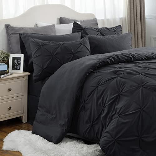 Bedsure Twin Comforter Set with Sheets - 5 Pieces Twin Bedding Sets, Pinch Pleat Black Twin Bed in a Bag with Comforter, Sheets, Pillowcase & Sham, Kids Bedding Set
