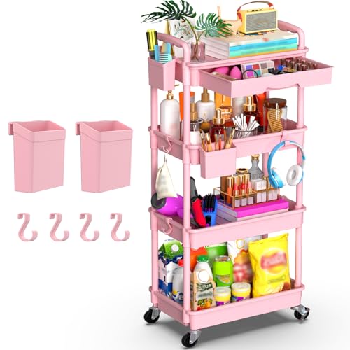 Image of Goovilla 4 Tier Rolling Utility Cart Organizer with Removable Drawer, Stable and Sturdy Pink Rolling Storage Carts with 2 Lockable Wheels for Bathroom, Kitchen, Snack, Craft, Makeup, Baby Essentials
