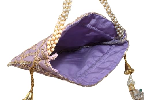 Image of MILAN'S CREATION Fancy Potli Bag Golden Embroidery Shimmer Silk Designer Purse Drawstring Purse With Pearl Handle & Tassel | Ladies Women's Handbag | Party Wedding Festival Giveaways Gift