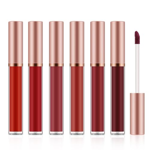 6pcs Matte Lip Gloss Set for Women,Vernis à lèvres velouté hautement pigmenté，Longue durée，Maquillage des lèvres résistant à l'eau，Nude，Marron