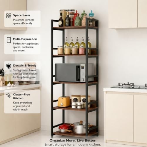 Image of TEKAVO Noxy 5 -Tier Kitchen Organizer Rack|Multipurpose Microwave Stand for Kitchen Platform & OTG Oven|Steel Utensils Storage Shelf with Hooks | Forest Wood, Metal (60x39x166 cm) | DIY