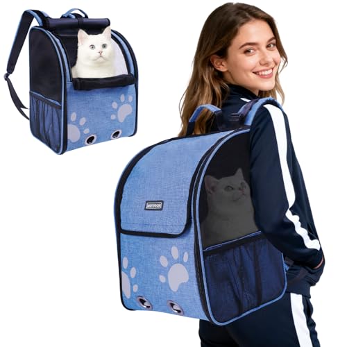 Cat Backpack Carrier, Ventilated Cat Backpack with Reflective Strips, Foldable Cat Carrying Backpack for Kitty Small Dog up to 15lbs (Blue)