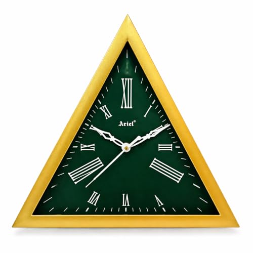 Image of Triangle Analog Wall Clock 30 cm | Green Dial Gold Frame | Roman Number Display | Quartz Battery Operated Decorative Piece for Home Office Bedroom Living Room