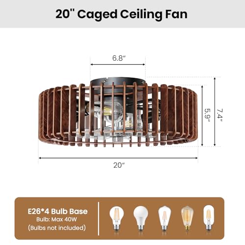 Image of 20 inch Farmhouse Wooden Caged Flush Mount Ceiling Fan with Lights, DC Motor, 6 Speeds Remote Control, Low Profile Bladeless Fandelier for Bedroom, Kitchen, Living Room