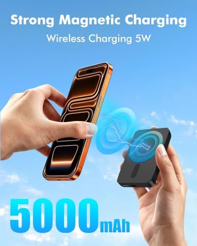 Miady Magnetic Portable Charger Power Bank for iPhone 5000mAh | 5W Mini MagSafe-Compatible Portable Charger for iPhone 17/16/15/14/13/12, 12W USB-C Charging Battery Pack