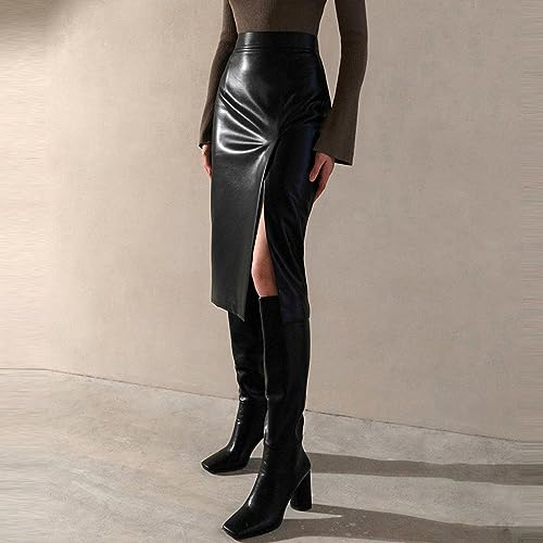 Saia feminina de couro PU dividida outono inverno cintura alta com sensibilidade de design para saia