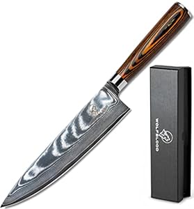 Wolfblood Damastmesser Küchenmesser XL (32cm) TÜV geprüfter 62 HRC Damaststahl aus 67 Lagen I Damast-Küchenmesser Chefmesser Kochmesser mit Holzgriff Geschenkbox und Klingenschutz