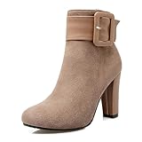 Matériau supérieur: daim Bottines en daim pour femmes Bottines à talons épais à la mode Bottines à talons blocs avec boucle de ceinture Bout rond Fermeture éclair latérale Chaussures habillées à talons hauts,Marron,39