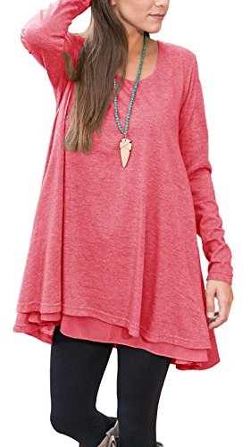 Floral Find Women Long Sleeve Blouse Layered Scoop Neck Tunic Loose Fit Dress (Large, Red)