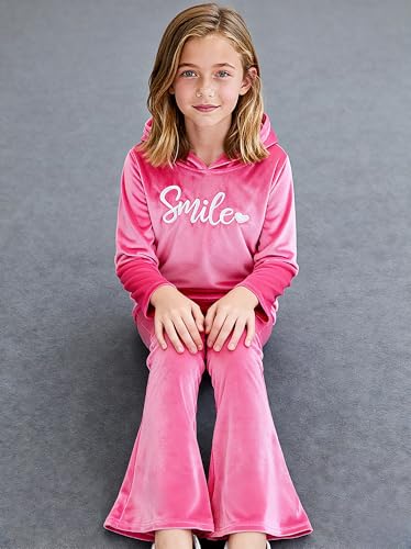 Image of 6-13 Years Girls Clothing Heart Print Hoodie Top + Heart Print Flare Leg Pants 2PC Clothing Set