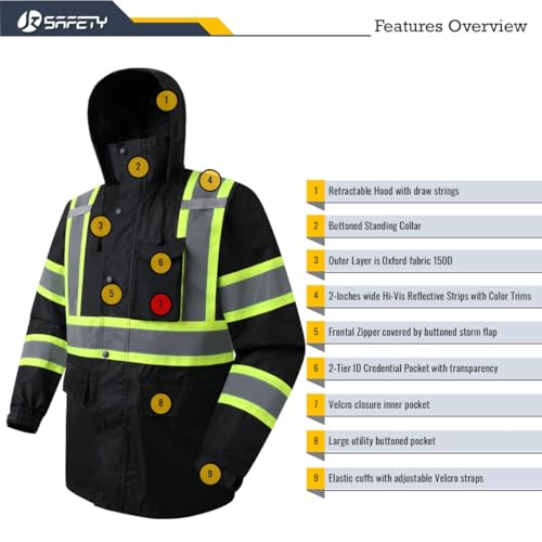 Image of JKSafety Hi Vis Rain Jacket for Men Women Safety Rain Gear Black XL