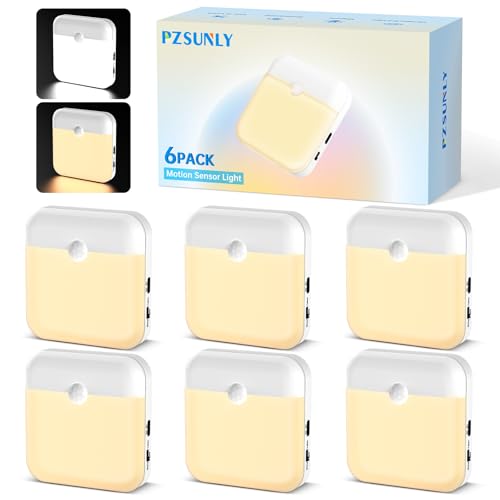 PZSUNLY Luce Notturna con Sensore di Movimento - 6 Pezzi Lampada con Sensore di Movimento, 3 Modalità (ON/AUTO/OFF) e 3000 K Luce Calda & 6000 K Luce Bianca per Scale, Corridoio, Cucina e Armadio