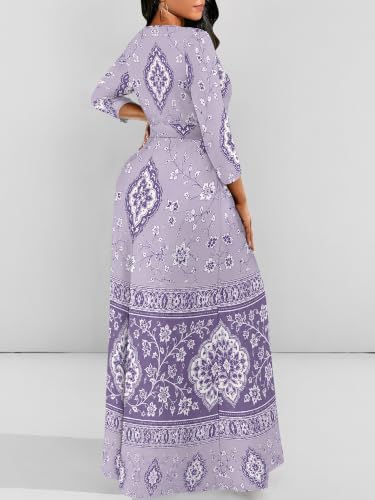 Image of Women Plus Size Long Sleeve V Neck Maxi Dress with Belt | Soft fabric relaxed fit three quarter sleeve v neck with pockets for party and daily wear