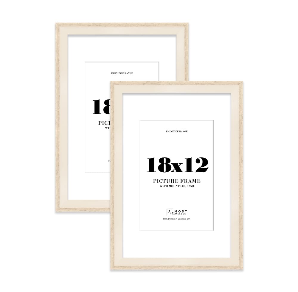 18x12" Oak Picture Frame with 12x8" Mount - Shabby Chic Photo Frame with Distressed Finish, Wall Hooks, 32mm Edge - 2 Pack