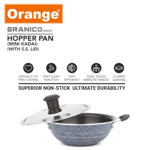 Image of Orange Granico Series Non-Stick Mini kadai /Hopper pan with Stainless Steel Lid, Aluminium 2.6mm Thickness | Free Nylon Spatula & Scrubber | 175mm, 1 Lit Capacity | Gas Stove Friendly | 1Year Warranty