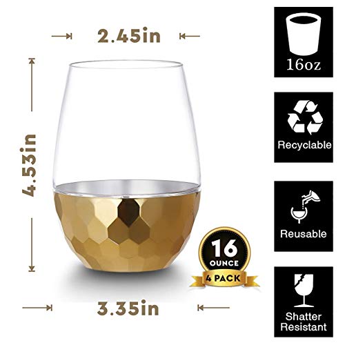 HOMIP Unbreakable Stemless Wine Glasses - 16 oz White and Red Wine Plastic Tumbler - Outdoor Elegant Pool Safe Reusable Shatterproof Cocktails & Scotch Wine Goblet for Homes, Camping - Set of 4