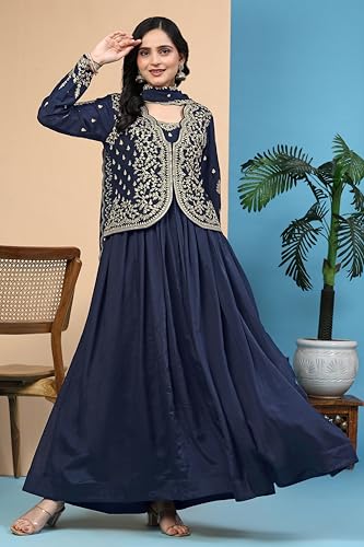 Image of TRENDMALLS Women's Silk Blend Embroidery Sequence Work Anarkali Kurta Pant Set with Dupatta For Women