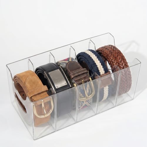 Belt storage Organizer for Closet with Removable Dividers - 5 Compartments & Handles Drawer organization and storage for underwear, Socks, and Bow Ties Acrylic Belt Organizers (1pack)