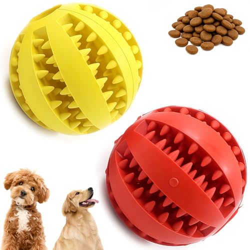 2 bolas de juguete masticables para perros, dispensador de golosinas 3 en 1, limpieza de dientes y destructor de aburrimiento para perros medianos, bola de alimentación interactiva de goma natural (no