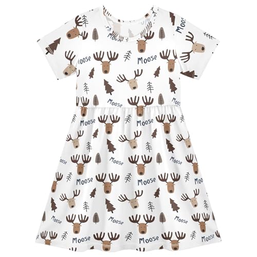 Cute Night Moose Summer Girls Short Sleeve Dress Casual Dresses Beach Sundress for 2-8 Years