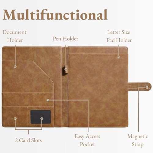 Image of Mymazn Padfolio Portfolio Folder, Faux Leather Interview Resume Folder with Document Organizer & Business Card Holder, Letter-Sized Notepad Legal Pad Holder for Men Women (Light Brown)