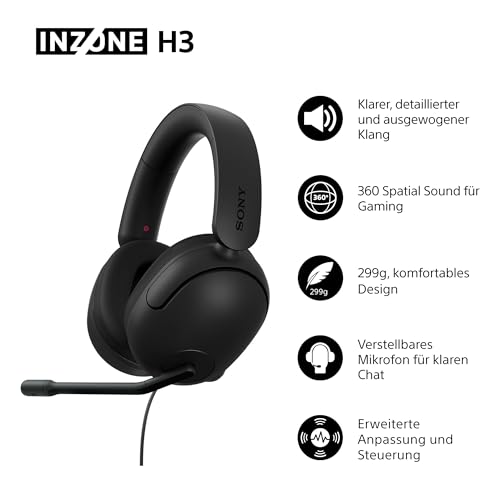 Sony INZONE H3 Kabelgebundenes Gaming-Headset - PC/PS5, 360 Spatial Sound für Gaming, leichtes Design (299g), Mikrofon per klick stummschalten, USB-Audiobox für EQ-Einstellungen - Schwarz