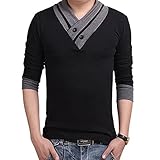 L'ASHER Men Summer Fashion Button V Neck Slim Muscle Tops Tee T Shirt Tshirt (US XS/Asia Tag M, Black(Long Sleeve))