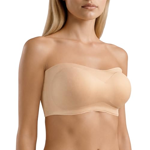 Cbthet Strapless Bras for Women, Bandeau Bra Non-Slip Seamless Padded, Invisible Wireless Supportive Fit (Beige Large)