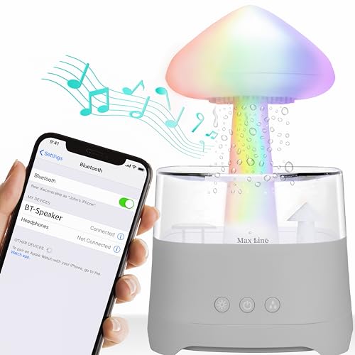 Image of Rain Cloud Humidifier Water Drip Bluetooth Speaker, Mushroom Aromatherapy Essential oils Diffuser with 7 LED Night Light - Gloomy rainfall & raindrops relaxing sound for deep sleep in Bedroom (Grey)