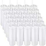 Potchen 30 Pcs Skinny Tumbler with Lid and Straw, 16 oz Matte Acrylic Tumbler Insulated Double Wall Plastic Reusable Cups Vinyl Customized DIY Gifts for Parties, Birthday, Home, Office (White)