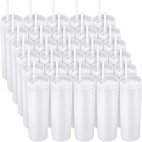 Potchen 30 Pcs Skinny Tumbler with Lid and Straw, 16 oz Matte Acrylic Tumbler Insulated Double Wall Plastic Reusable Cups Vinyl Customized DIY Gifts for Parties, Birthday, Home, Office (White)