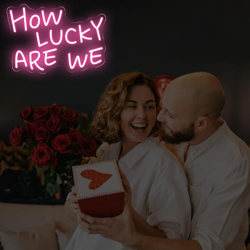 Image of How Lucky Are We Neon Sign, Romantic Anniversary LED Light, Home Bedroom Wall Decor,Valentine's Day Decor, Wedding Neon Wall Art, Light Pink, 15.7 inchx11 inch