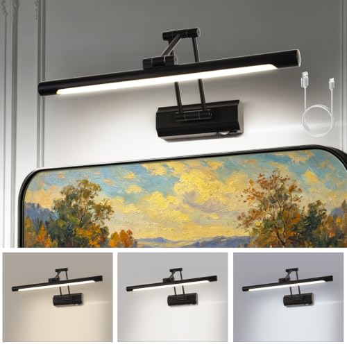 Image of 17 inchBattery Operated Picture Light, 5200mAh Rechargeable Wall Light for Paintings, 3-Color & Dimmable LED Art Light with 270 Rotate Arm, Cordless Frame Lighting for Gallery, Living Room, Black