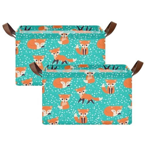 Seamless Cute Orange Foxes on Turquoise with White Polka Dots 2PC Rectangle Foldable Frame Basket Leather Handles Storage Bin for Laundry Bathroom Organizer M 16.9 x 11.4 x 10 inch