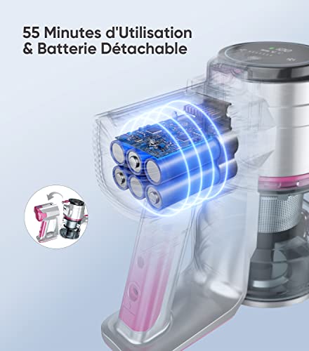 Aspirateur Balai sans Fil, BuTure 33000Pa Aspirateur sans Fil Puissant avec 55 Min d'Utilisation & Écran Tactile, Capacité 1L, Aspirateur Balai 400W pour Tapis/Poils Animaux/Sol Dur - Image 4