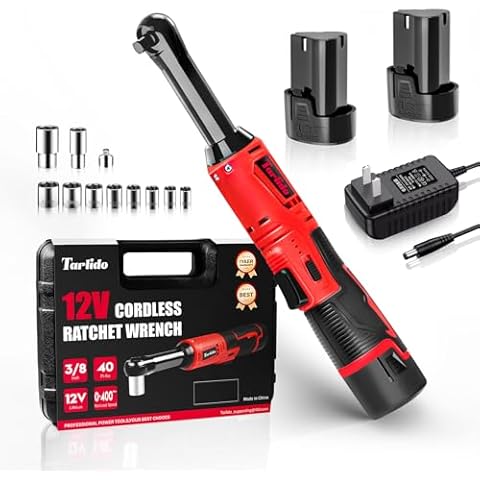 Tarlido 3/8" Electric Ratchet Wrench, 4" Extended 40 Ft-Lbs 400 RPM 12V Cordless Battery Powered Ratchet Wrench Set with LED Light, Including 2 Batteries, 11 Sockets and Fast Charge Cover