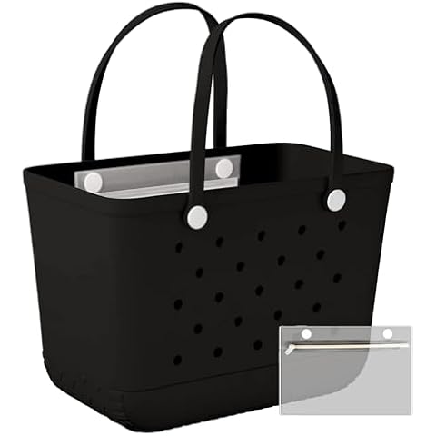 Coisini X-Large Rubber Tote Bag Beach Bag Travel Bag with Waterproof Zipper Pocket, Washable Durable Rubber Beach Tote Holes (Black) Cover