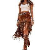 Womens Western Fringe Skirt, Boho Asymmetrical Suede Bodycon Skirt with Flowing Tassels(XL)