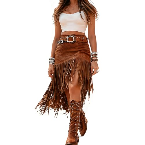 Womens Western Fringe Skirt, Boho Asymmetrical Suede Bodycon Skirt with