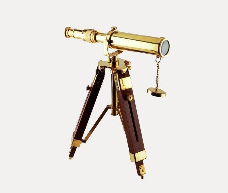 Maritime Nautical Polished Brass Telescope with Wooden Tripod Stand Desk Decor Gift