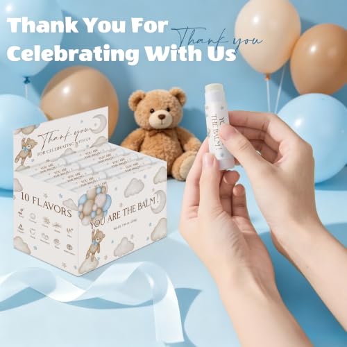 Image of 50 Pack Bear Baby Shower Moisturizing Lip Balms in Bulk Party Favors Reception Ideas It's a Boy Blue Gender Reveal Thank You For Celebrating With Us Gifts Birthday Gift You Are The Balm Beeswax