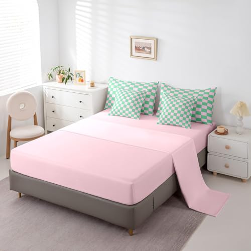 Image of Erosebridal Girls Cute Plaid King Comforter Set with Sheets 7 Piece,Pink Green Checkered Bed in A Bag for Kids Teen Geometric Checkerboard Bedding Sets,Aesthetic Grid Bed Set with Comforter