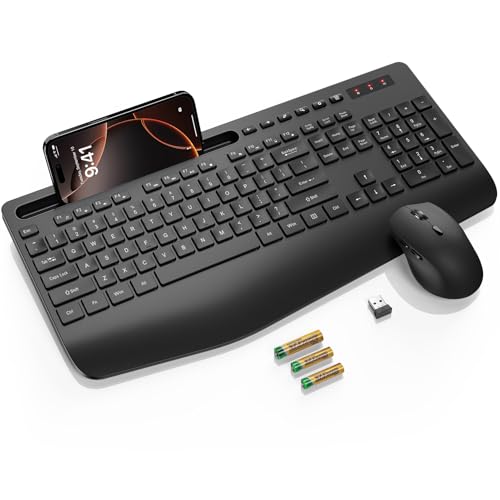 Wireless Keyboard and Mouse Combo, 2.4G Lag-Free Keyboard Set with Ergonomic Wrist Rest, Phone Holder, Silent Keyboard Cordless Set for Computer, Batteries Included, Laptop, PC, Mac, Windows -SABLUTE