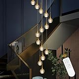 Benkut Gold Chandelier 14 Lights Staircase Chandelier Crystal Raindrop Round Long Chandeliers LED Dimmable High Ceiling Foyer Chandeliers for Entryway Stair Living Dining Room(3000K-6500K, H118'')