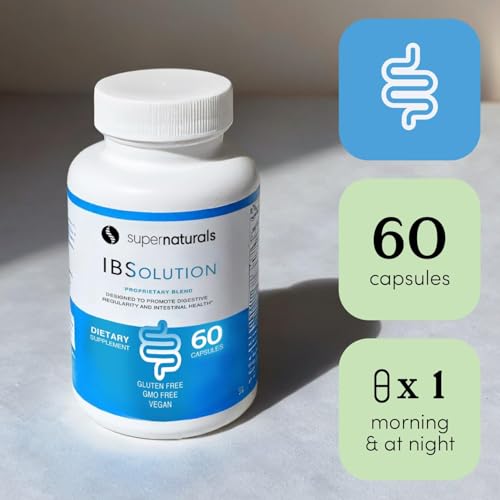 SuperNaturals IBSolution - Made in USA, Non-GMO, Gluten Free & Vegan (60 Capsules) - Digestive Gut Health Supplement With Psyllium Husk - Gas, Bloating, Diarrhea, Constipation Relief, Abdominal Pain